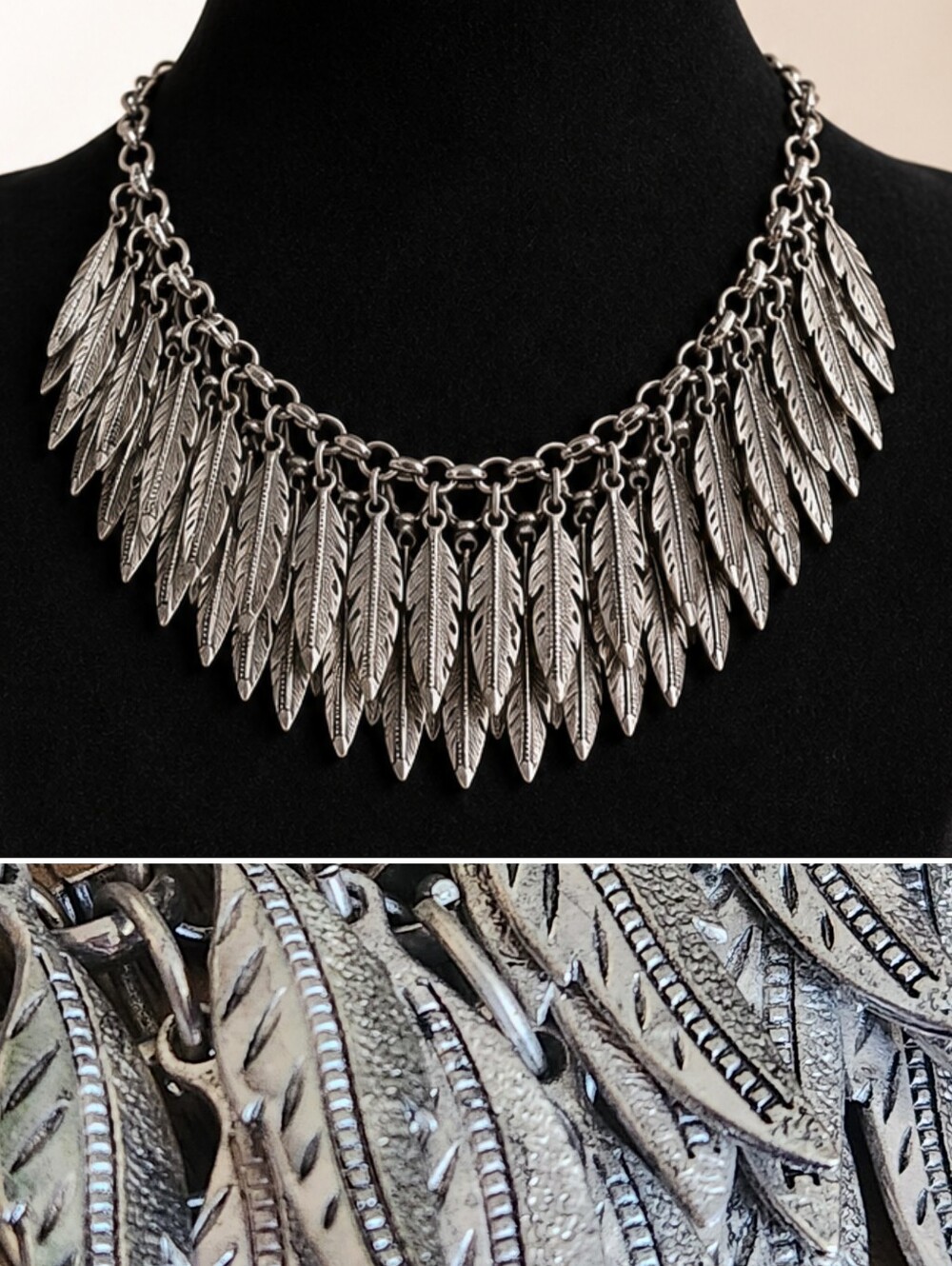 BOHO BURNISHED SILVER MULTI LAYER FEATHER BIB STATEMENT NECKLACE FESTIVAL